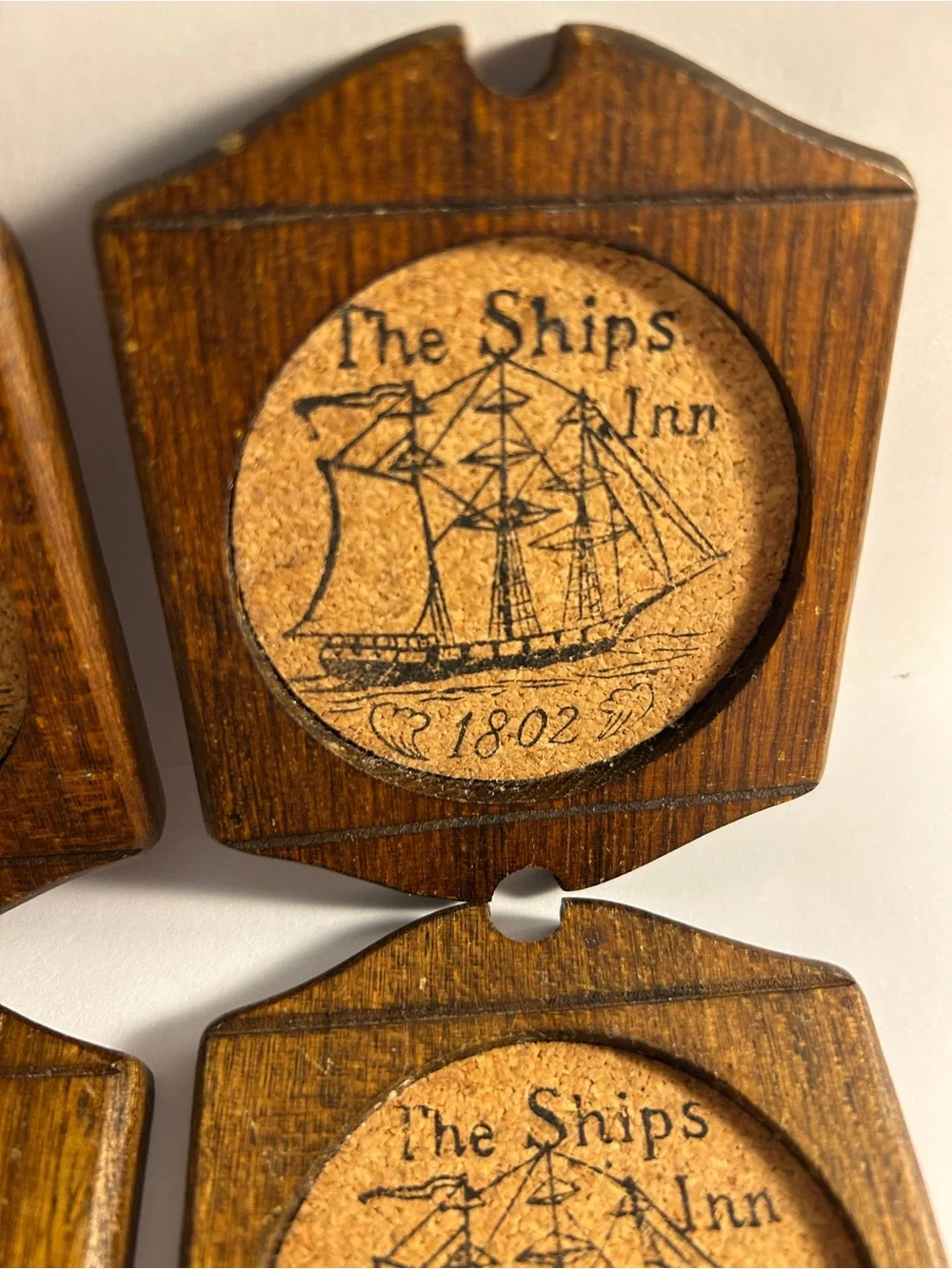 5 vintage coasters Woodcrest by Styson The Ships Inn 1802 Wood Pressed Cork SET